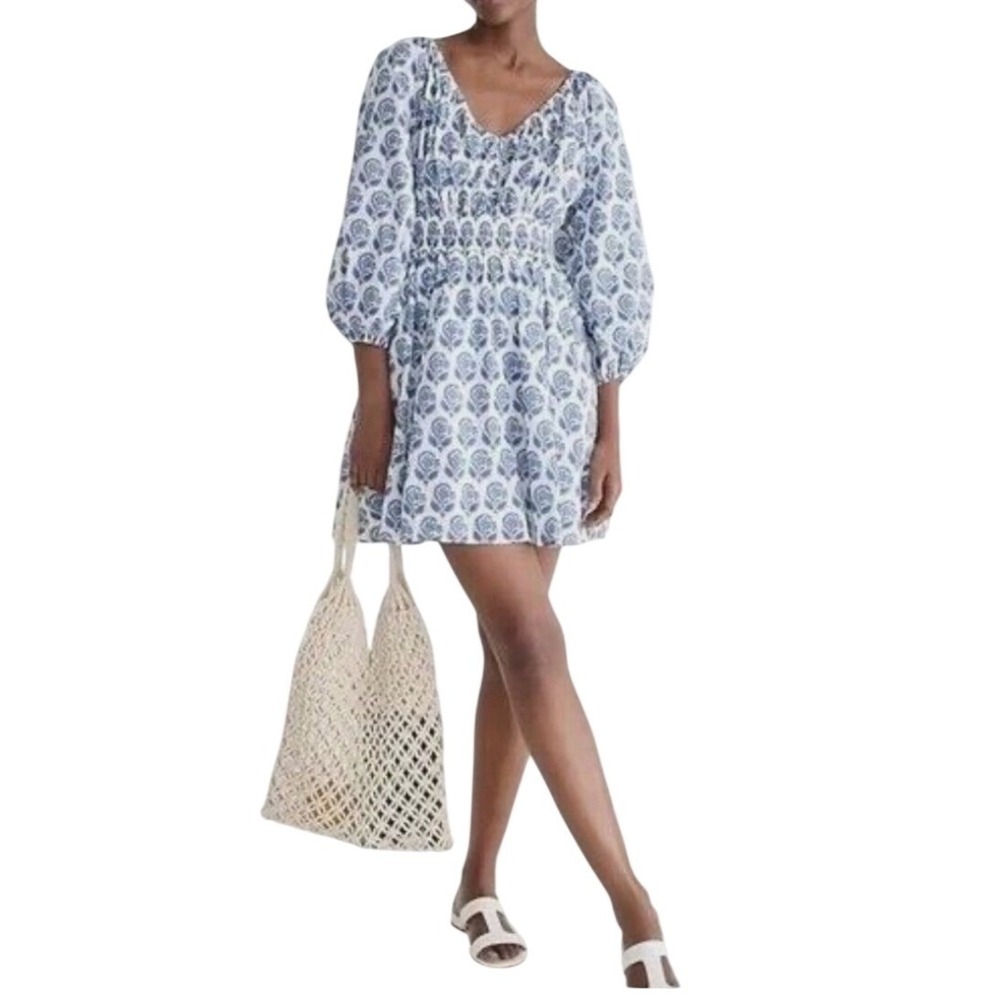 J.Crew Block Print Paisley Smocked Mini Dress Womens XXS Cotton VNeck Blue White